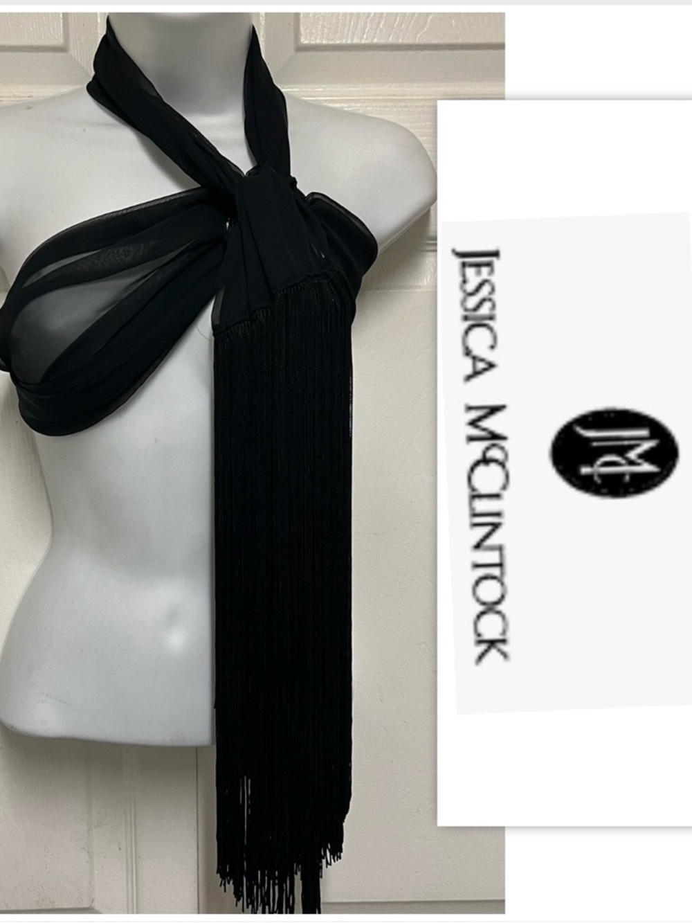 Jessica McClintock Black Sheer Fringed Scarf Wrap Shawl